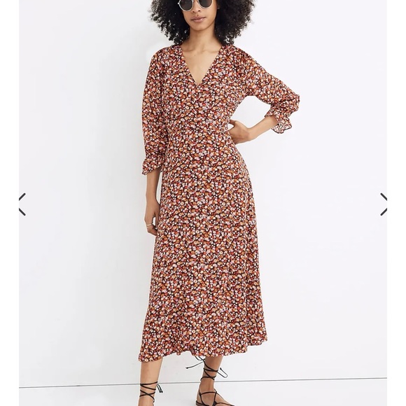 Madewell Long-Sleeve Crossover Midi Dress in Clipdot Spring Prairie - Picture 1 of 6